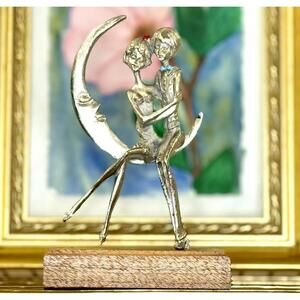 Vintage Italian Pewter Couple on Crescent Moon Sculpture Peltro Cesellato a Mano